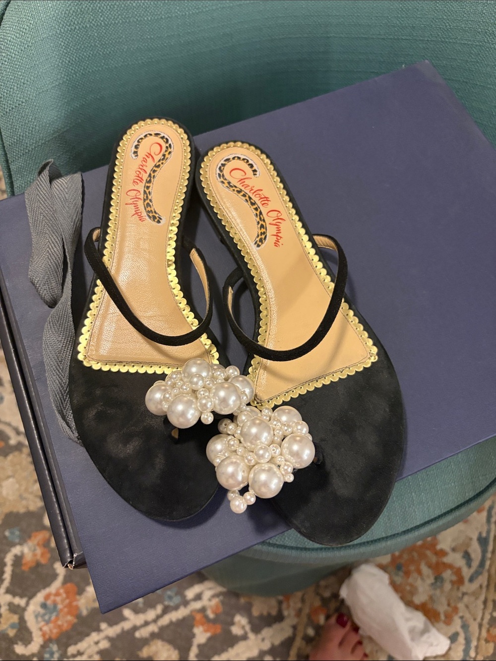 Charlotte Olympia Black Pearl Cluster Suede Slide Mules